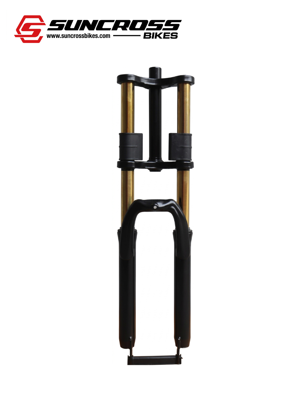 Suncross 26 Inch Double Crown Suspension Fork with disc brake compatibility, golden stanchions, and durable steel construction for MTB bicycles.
